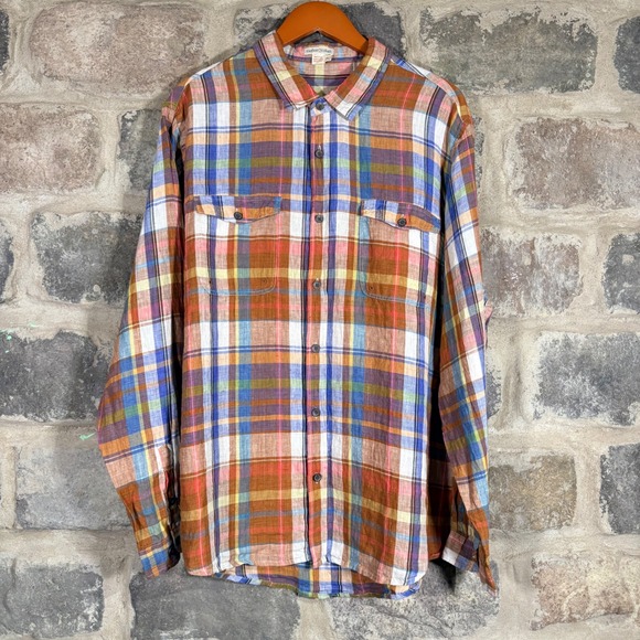 Carbon 2 Cobalt Other - Carbon 2 Cobalt Men's Plaid Linen Long Sleeve Button Up‎ Shirt XL Orange Blue